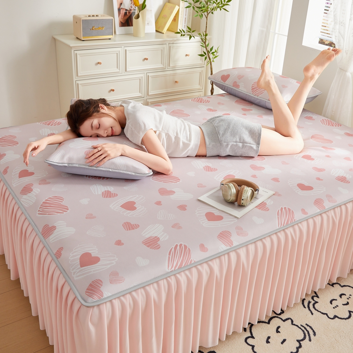 91家纺网 家纺一手货源 找家纺 优莱床垫 2026新款冰丝复合抗菌凉席床裙款 心心相印凉席床裙