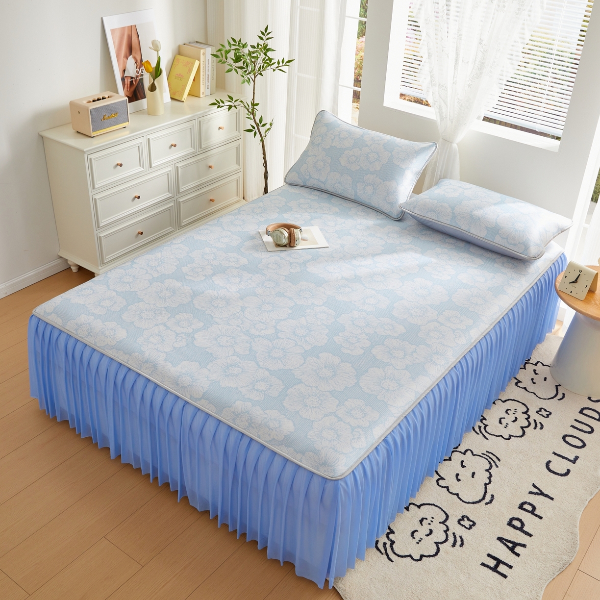 91家纺网 家纺一手货源 找家纺 优莱床垫 2026新款冰丝复合抗菌凉席床裙款 蓝茵大花凉席床裙