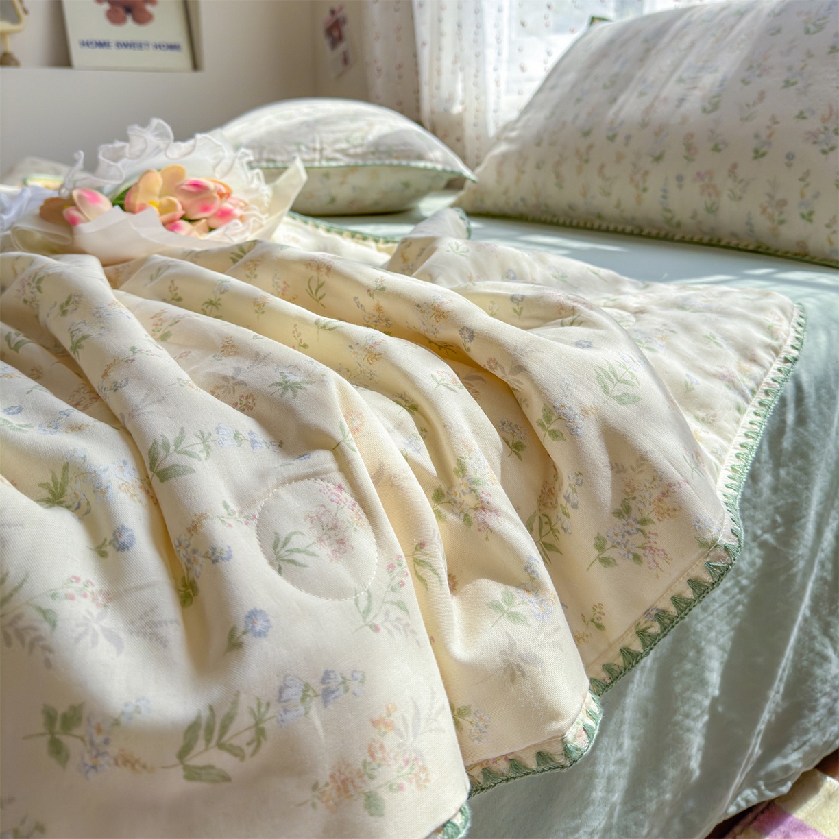 91家纺网 家纺一手货源 找家纺 被窝家纺 2026春夏新款贝壳边全棉双层纱大豆夏凉被空调被夏被四件套 蓝风铃