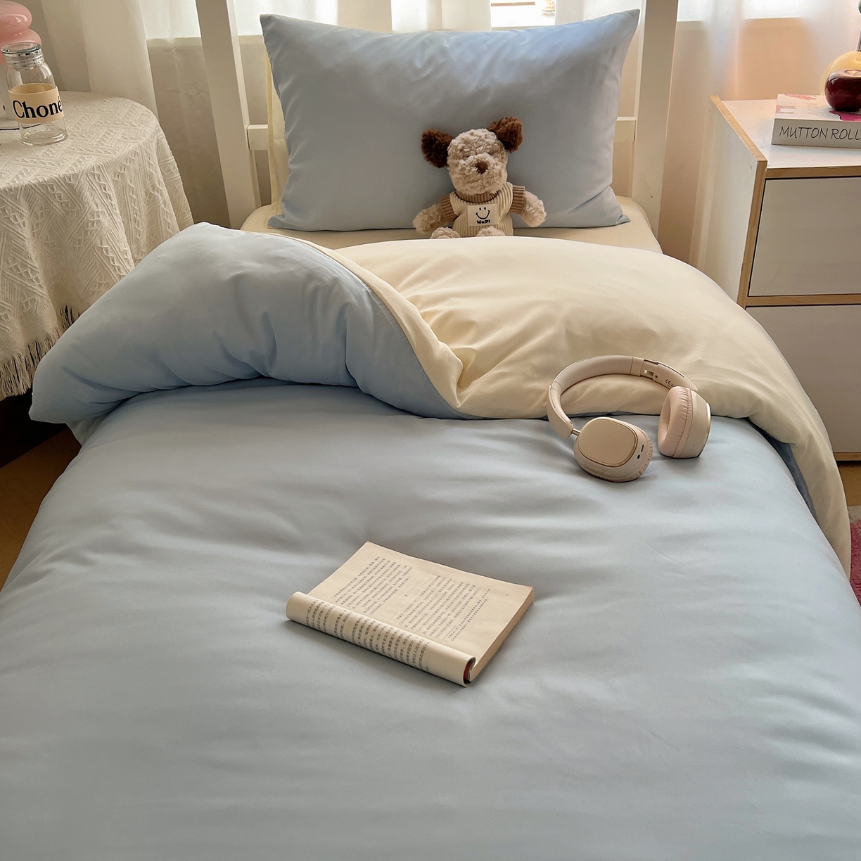 91家纺网 家纺一手货源 找家纺 缦绣阁家纺 2026新款亲肤水洗棉纯色四件套床单被罩被套单件学生宿舍上下铺单人三件套 天空兰芝士