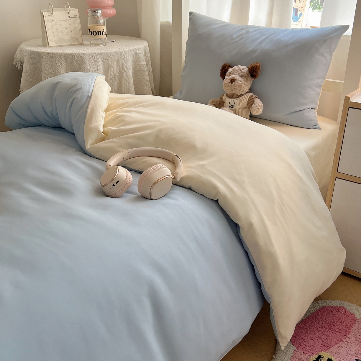 91家纺网 家纺一手货源 找家纺 缦绣阁家纺 2026新款亲肤水洗棉纯色四件套床单被罩被套单件学生宿舍上下铺单人三件套 天空兰芝士