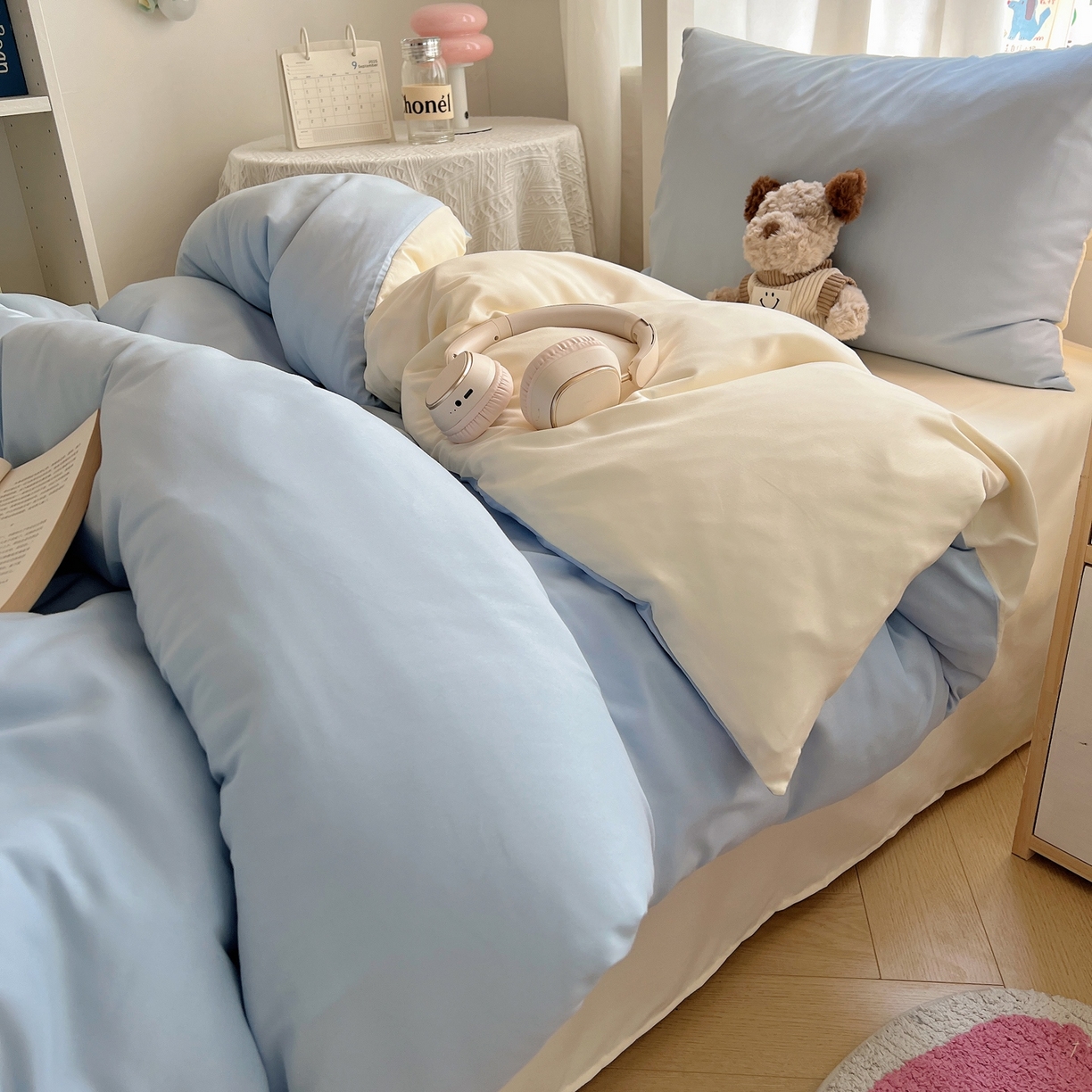 91家纺网 家纺一手货源 找家纺 缦绣阁家纺 2026新款亲肤水洗棉纯色四件套床单被罩被套单件学生宿舍上下铺单人三件套 天空兰芝士