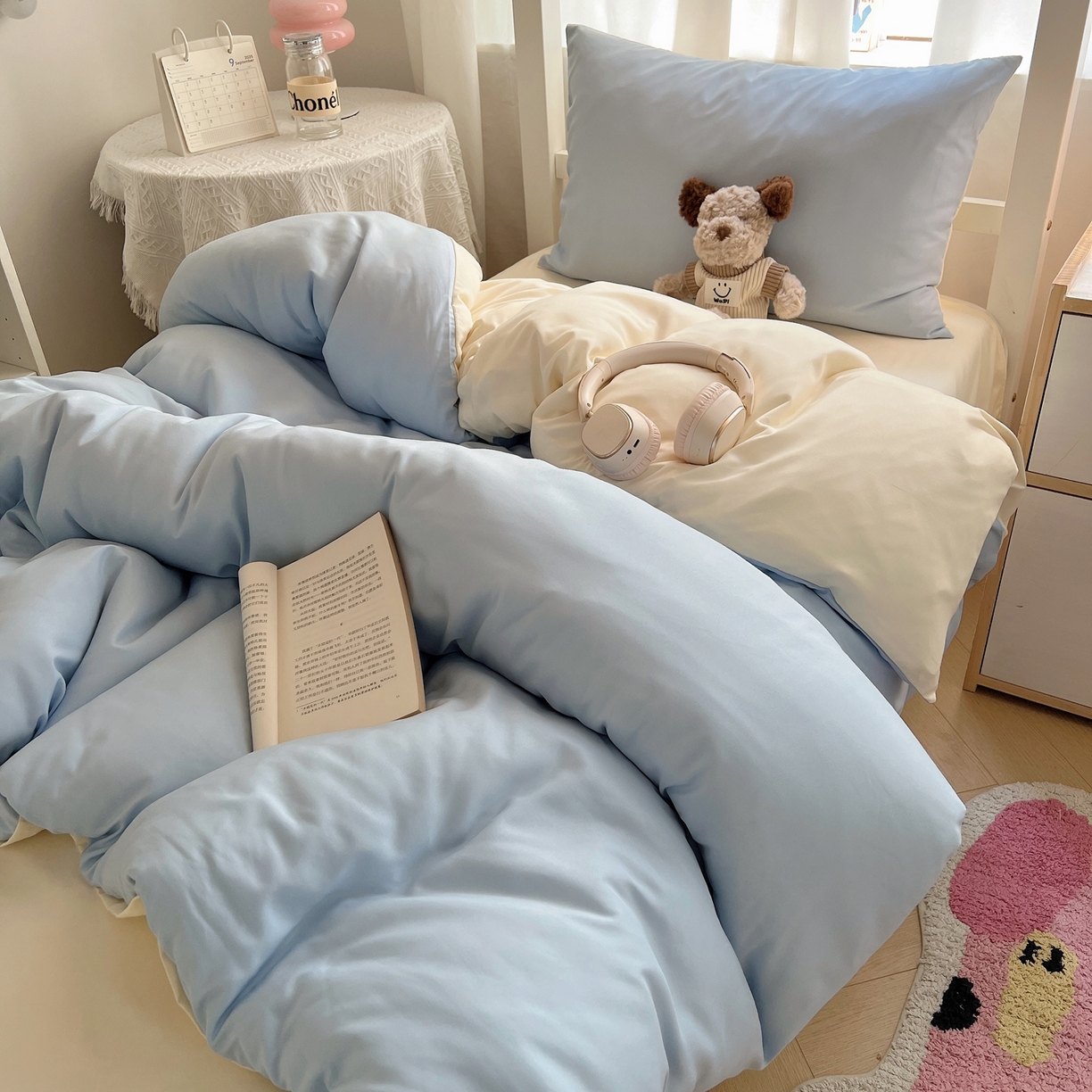 91家纺网 家纺一手货源 找家纺 缦绣阁家纺 2026新款亲肤水洗棉纯色四件套床单被罩被套单件学生宿舍上下铺单人三件套 天空兰芝士