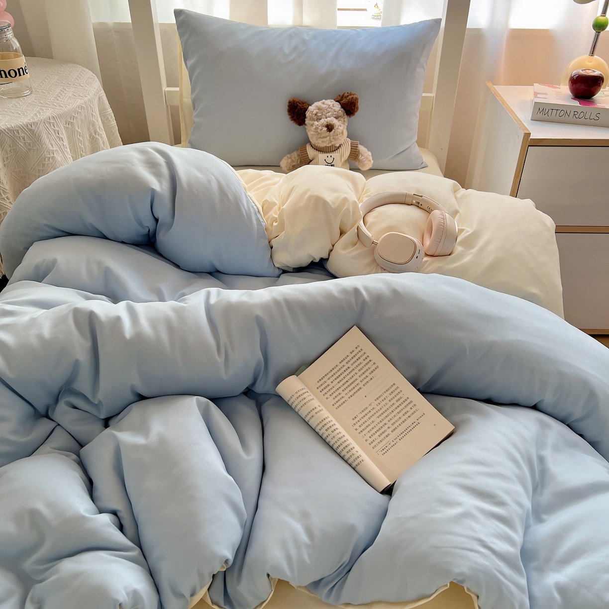 91家纺网 家纺一手货源 找家纺 缦绣阁家纺 2026新款亲肤水洗棉纯色四件套床单被罩被套单件学生宿舍上下铺单人三件套 天空兰芝士