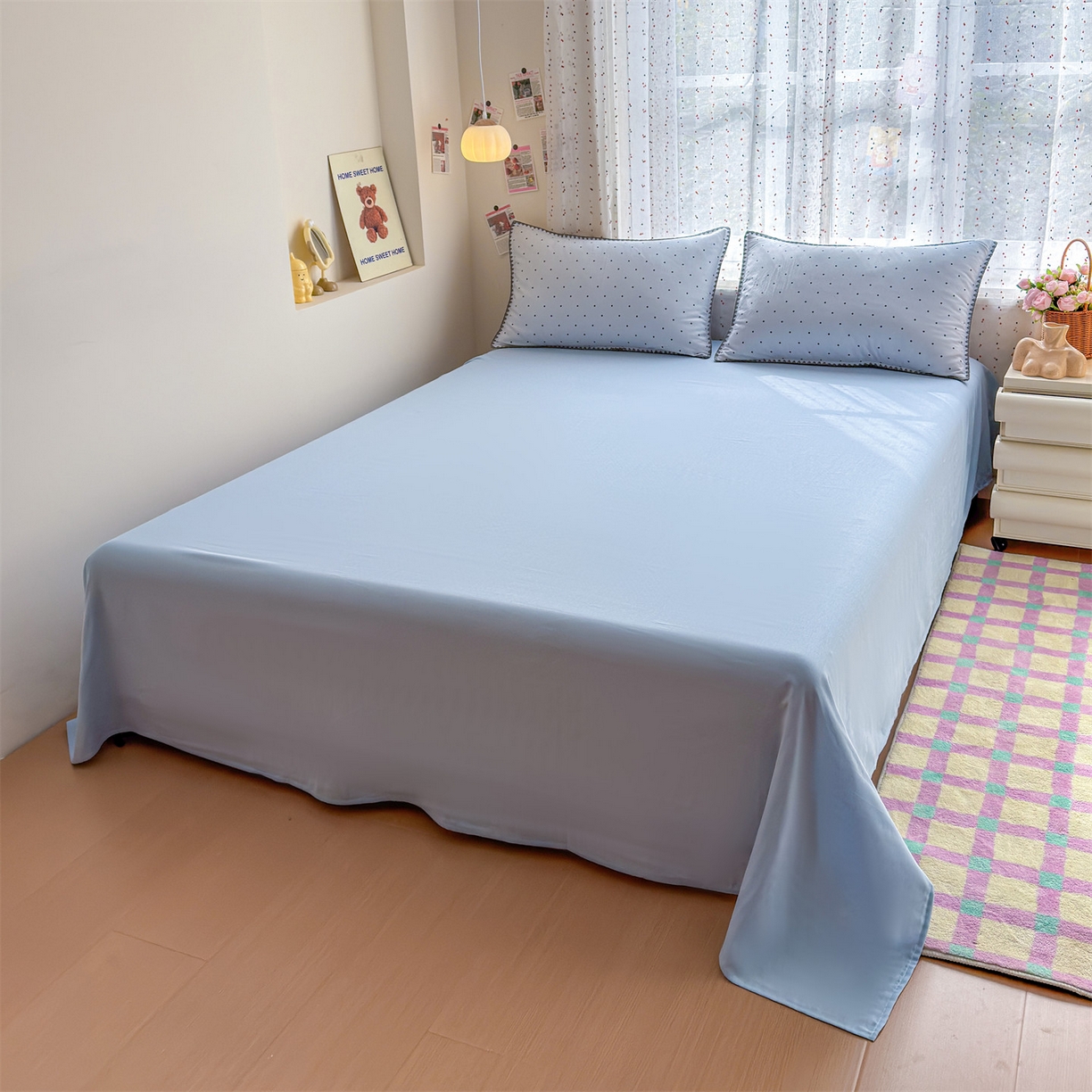 91家纺网 家纺一手货源 找家纺 被窝家纺 2026春夏新款贝壳边全棉双层纱大豆夏凉被空调被夏被四件套 蓝色泡泡