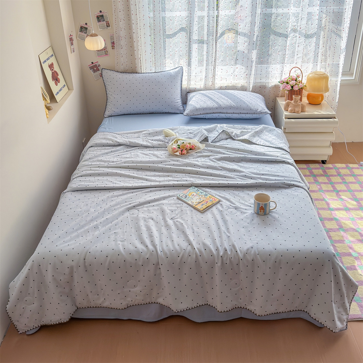 91家纺网 家纺一手货源 找家纺 被窝家纺 2026春夏新款贝壳边全棉双层纱大豆夏凉被空调被夏被四件套 蓝色泡泡
