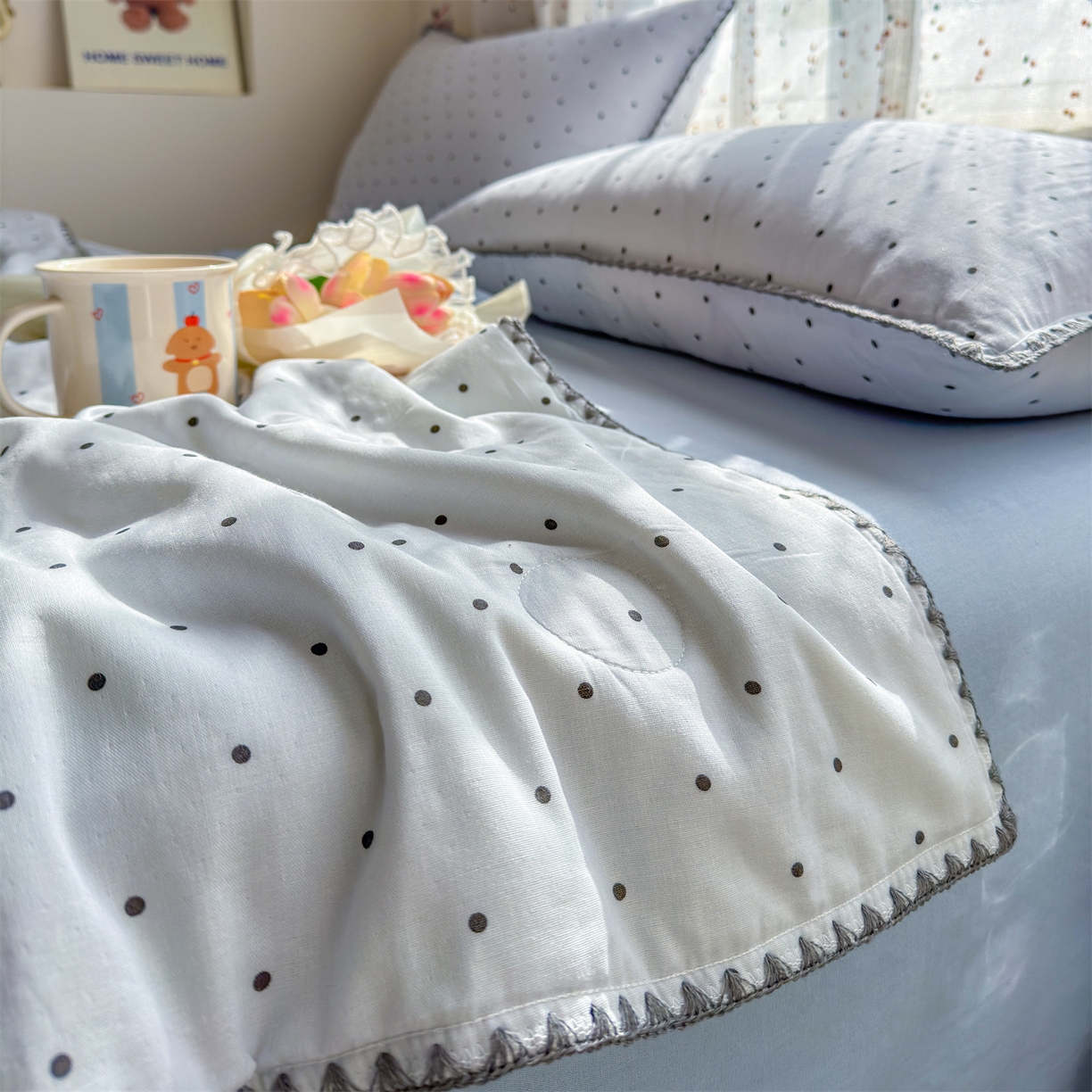 91家纺网 家纺一手货源 找家纺 被窝家纺 2026春夏新款贝壳边全棉双层纱大豆夏凉被空调被夏被四件套 蓝色泡泡