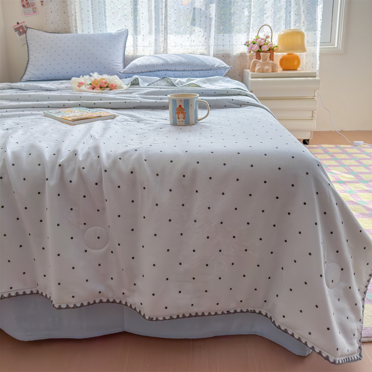 91家纺网 家纺一手货源 找家纺 被窝家纺 2026春夏新款贝壳边全棉双层纱大豆夏凉被空调被夏被四件套 蓝色泡泡