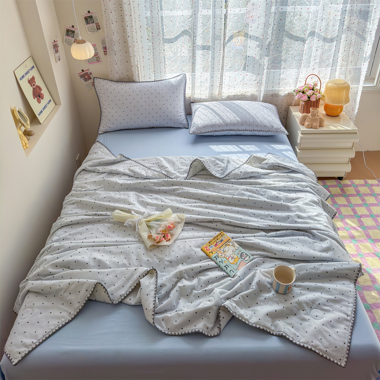 91家纺网 家纺一手货源 找家纺 被窝家纺 2026春夏新款贝壳边全棉双层纱大豆夏凉被空调被夏被四件套 蓝色泡泡