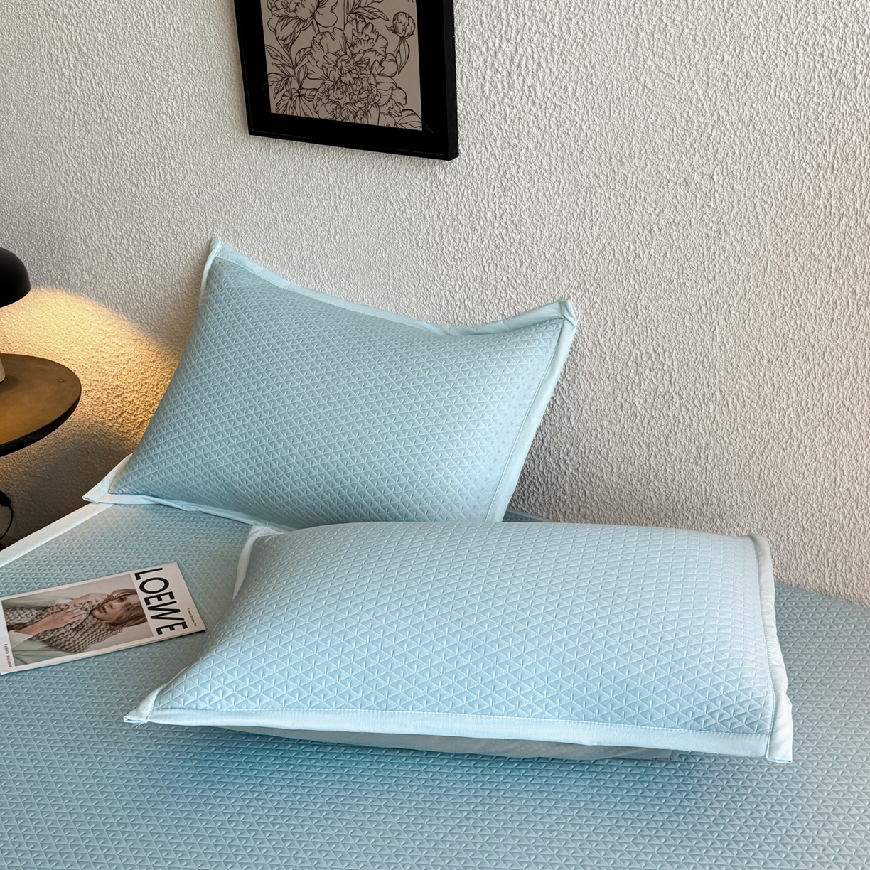 91家纺网 家纺一手货源 找家纺 鑫姿席业 2026新款A类PE凉感抗菌席凉席席子-几何花静系列 几何花境-蓝（床垫款）