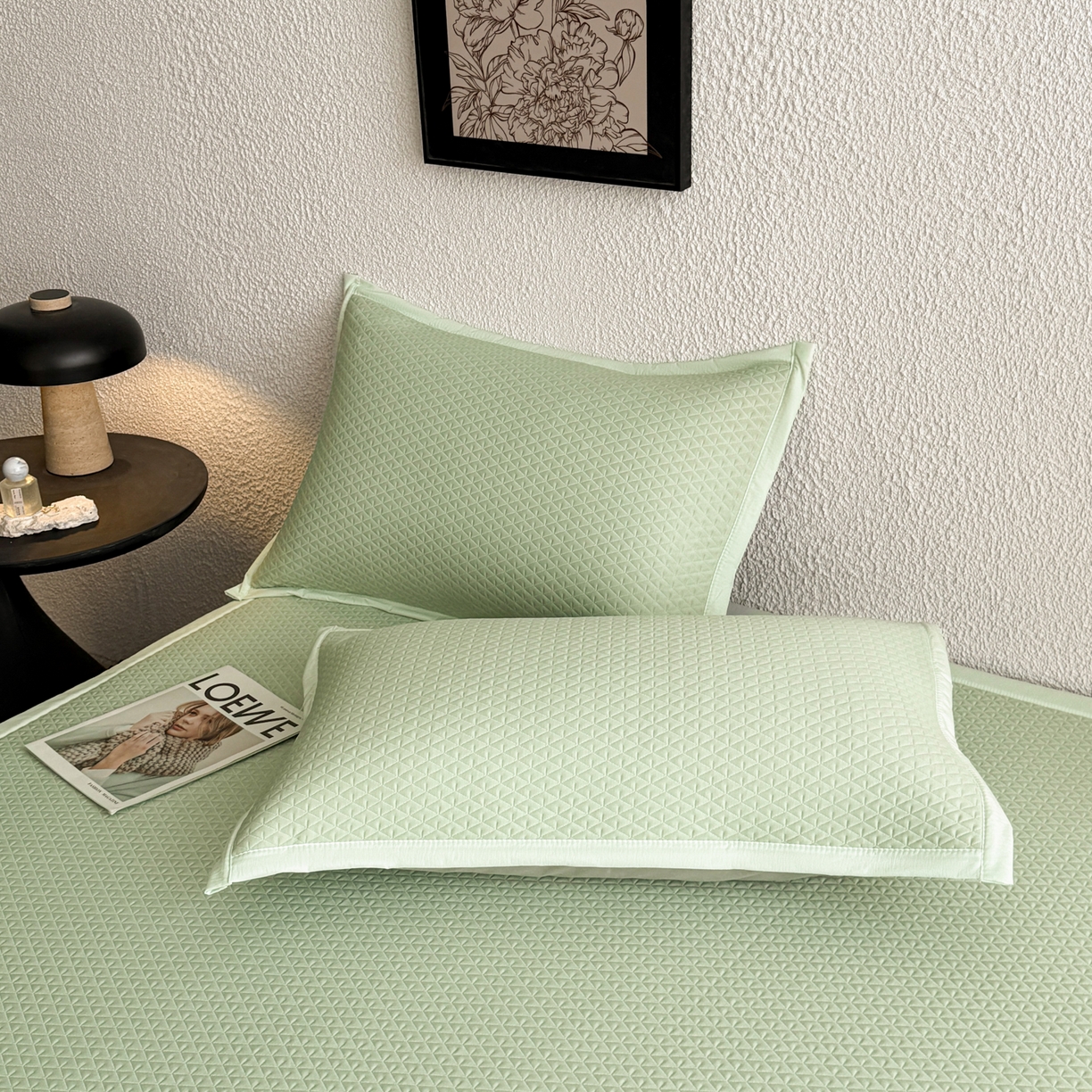 91家纺网 家纺一手货源 找家纺 鑫姿席业 2026新款A类PE凉感抗菌席凉席席子-几何花静系列 几何花境-绿（床垫款）