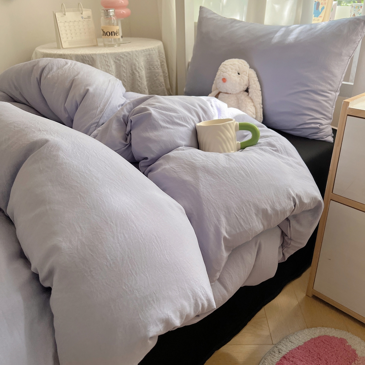 91家纺网 家纺一手货源 找家纺 缦绣阁家纺 2026新款亲肤水洗棉纯色四件套床单被罩被套单件学生宿舍上下铺单人三件套 雅紫酷黑