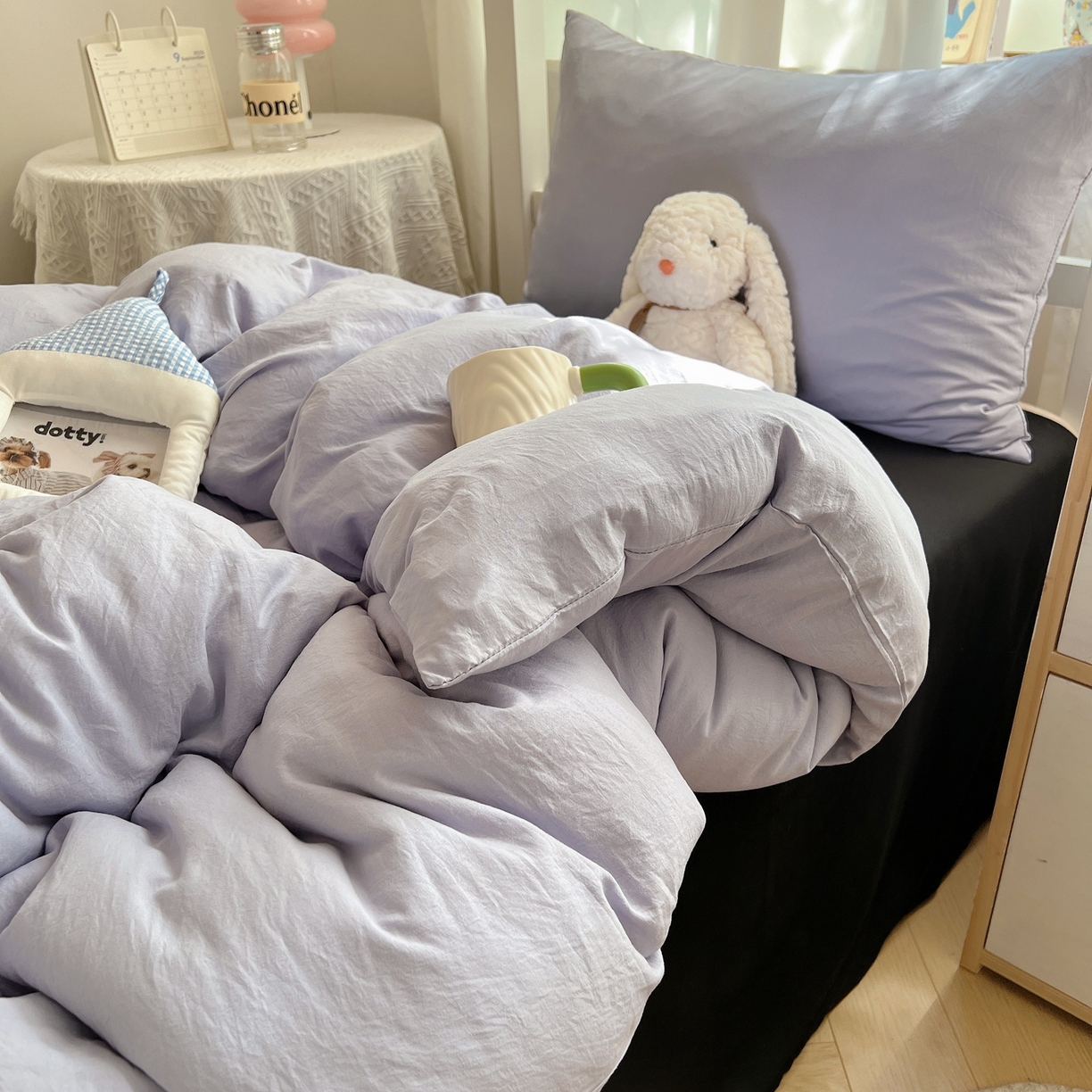 91家纺网 家纺一手货源 找家纺 缦绣阁家纺 2026新款亲肤水洗棉纯色四件套床单被罩被套单件学生宿舍上下铺单人三件套 雅紫酷黑