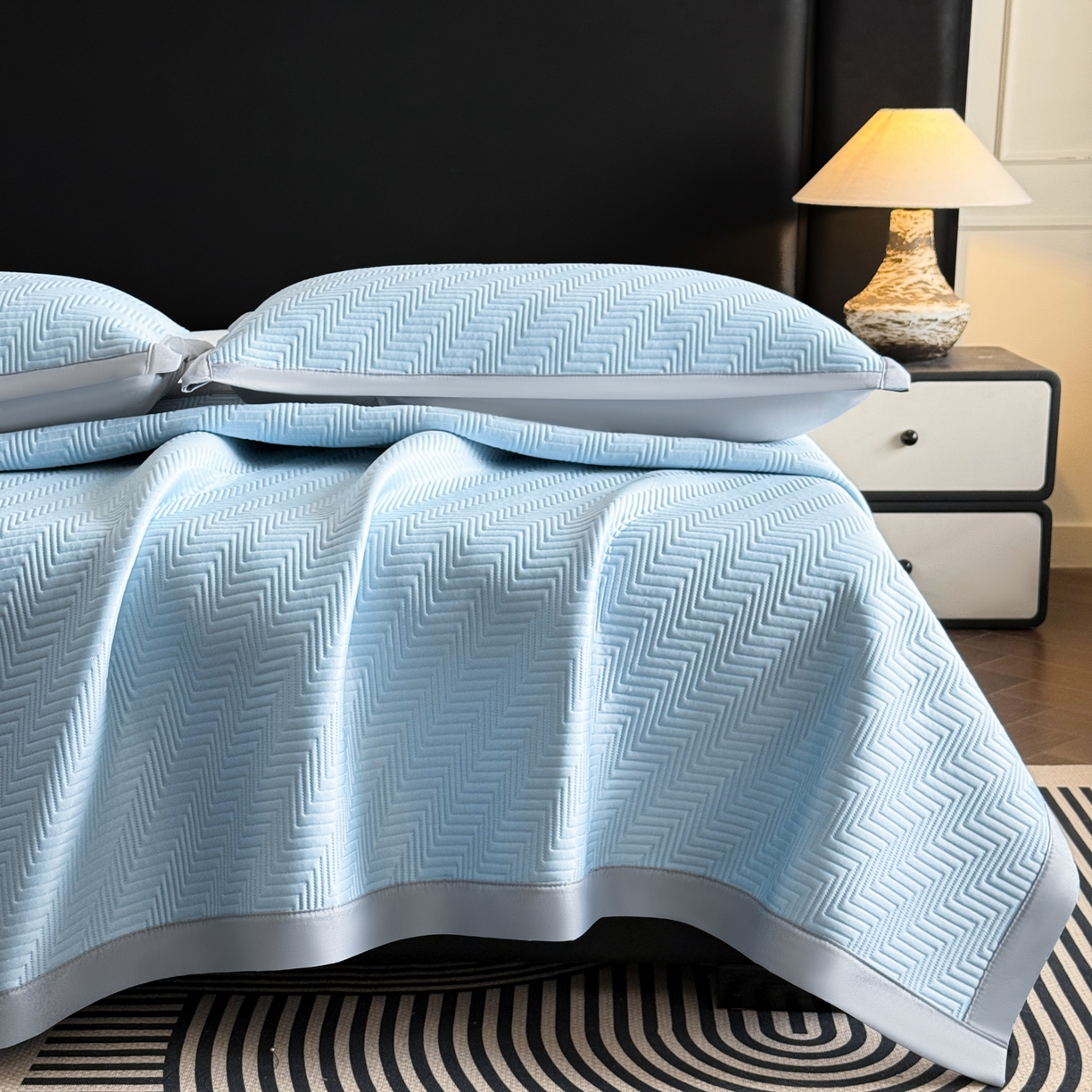 91家纺网 家纺一手货源 找家纺 鑫顺欣 2026新款A类冰豆豆席凉席席子 织浪蓝