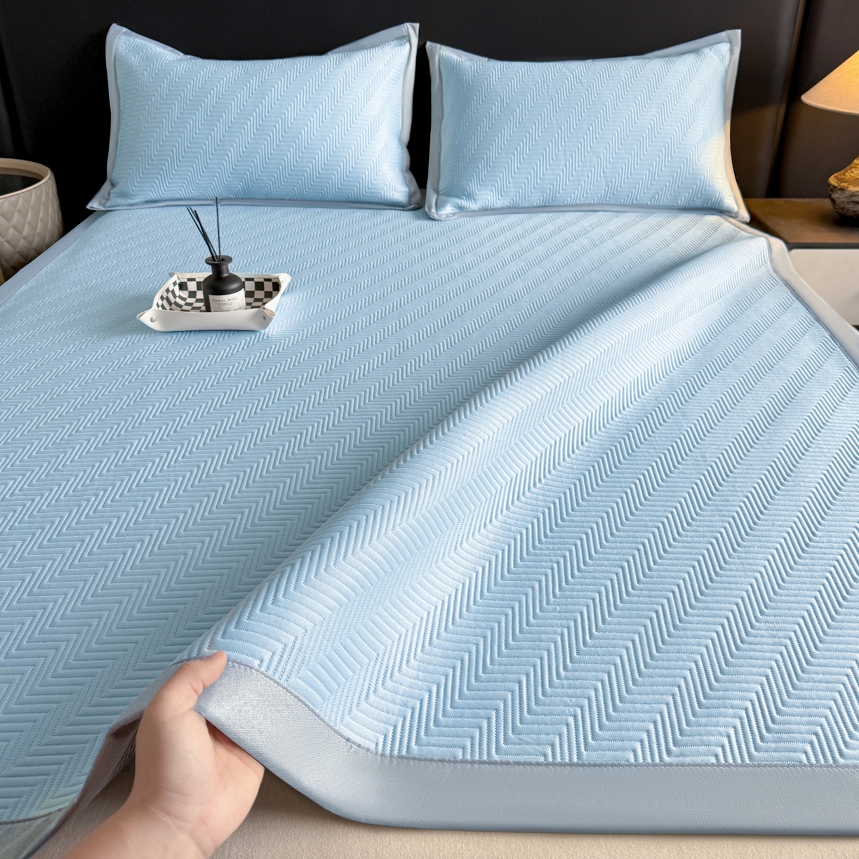 91家纺网 家纺一手货源 找家纺 鑫顺欣 2026新款A类冰豆豆席凉席席子 织浪蓝