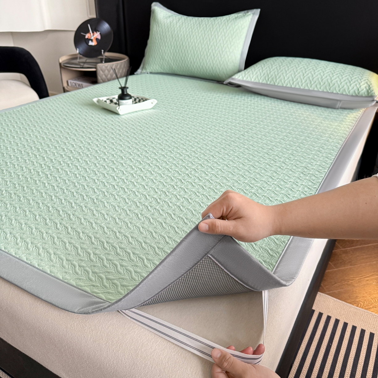 91家纺网 家纺一手货源 找家纺 鑫顺欣 2026新款A类冰豆豆席凉席席子 水纹绿