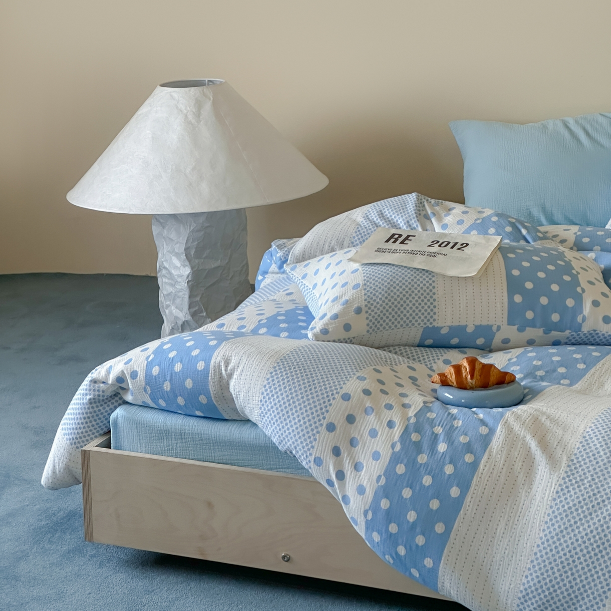 91家纺网 家纺一手货源 找家纺 山舍家居 2026新款全棉A类双层纱四件套元气波点【会员➖20元 含包装价格】 元气波波蓝