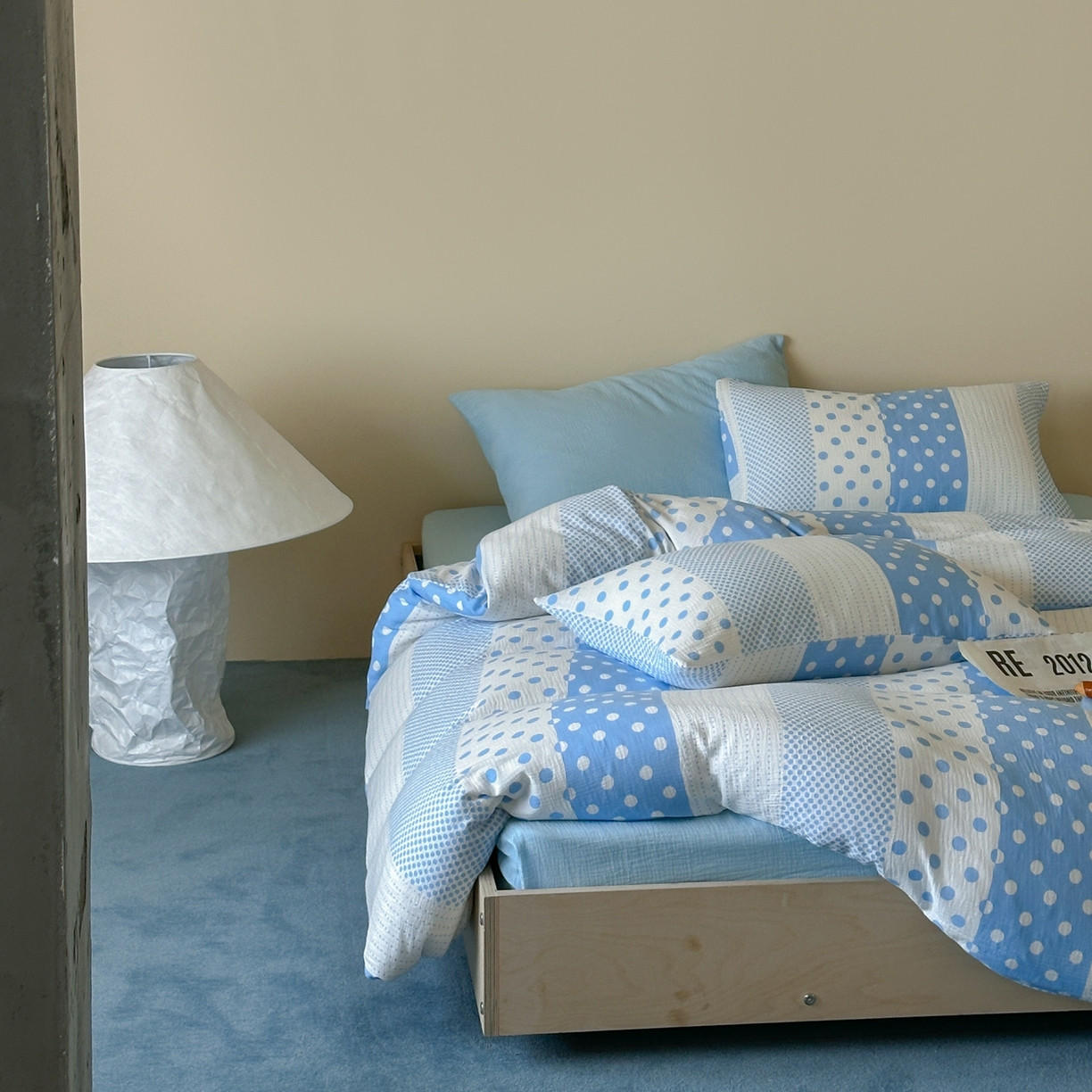 91家纺网 家纺一手货源 找家纺 山舍家居 2026新款全棉A类双层纱四件套元气波点【会员➖20元 含包装价格】 元气波波蓝