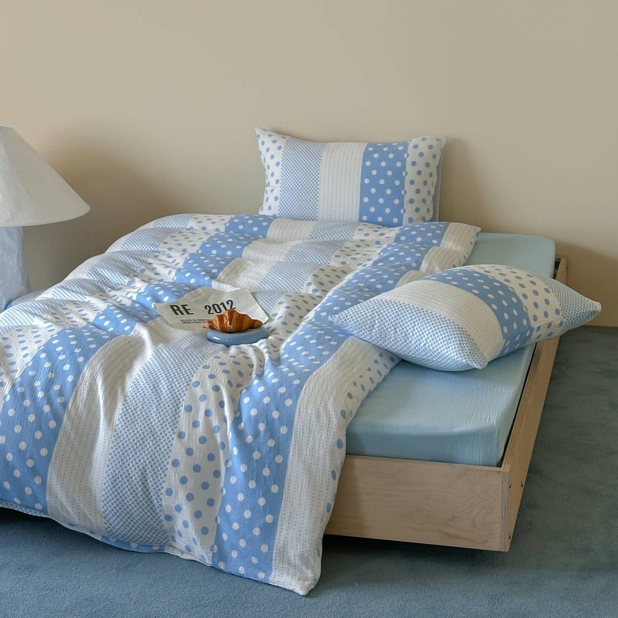 91家纺网 家纺一手货源 找家纺 山舍家居 2026新款全棉A类双层纱四件套元气波点【会员➖20元 含包装价格】 元气波波蓝