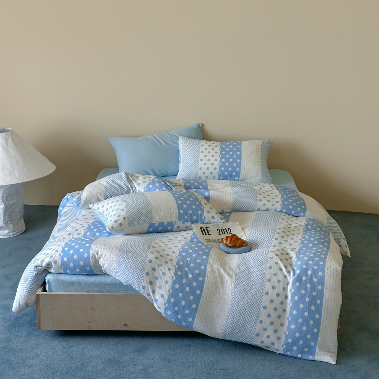 91家纺网 家纺一手货源 找家纺 山舍家居 2026新款全棉A类双层纱四件套元气波点【会员➖20元 含包装价格】 元气波波蓝