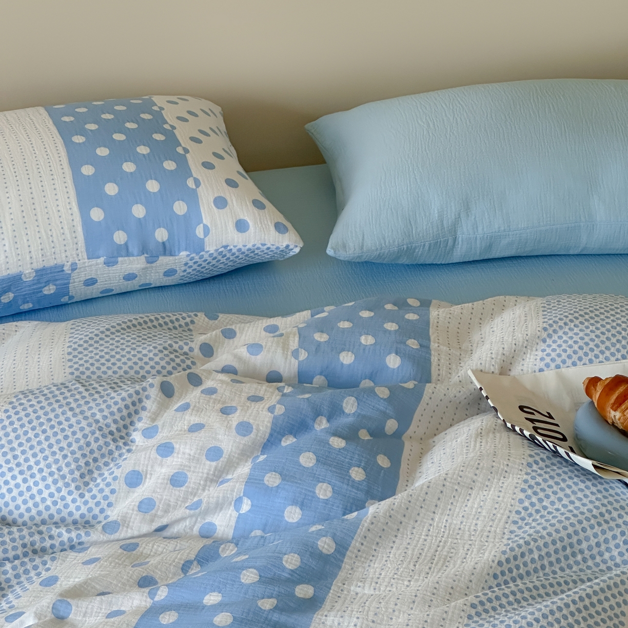 91家纺网 家纺一手货源 找家纺 山舍家居 2026新款全棉A类双层纱四件套元气波点【会员➖20元 含包装价格】 元气波波蓝