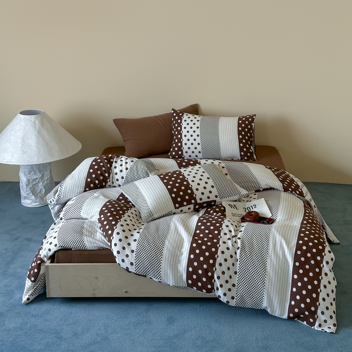 91家纺网 家纺一手货源 找家纺 山舍家居 2026新款全棉A类双层纱四件套元气波点【会员➖20元 含包装价格】 元气波波-咖