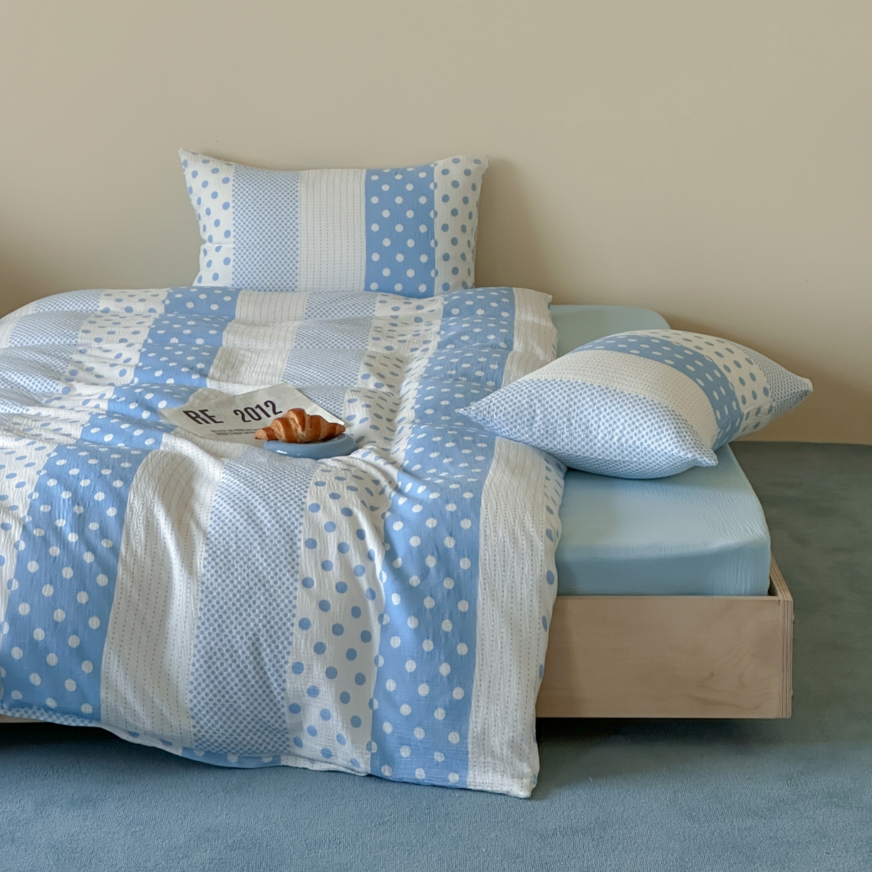 91家纺网 家纺一手货源 找家纺 山舍家居 2026新款全棉A类双层纱四件套元气波点【会员➖20元 含包装价格】 元气波波蓝