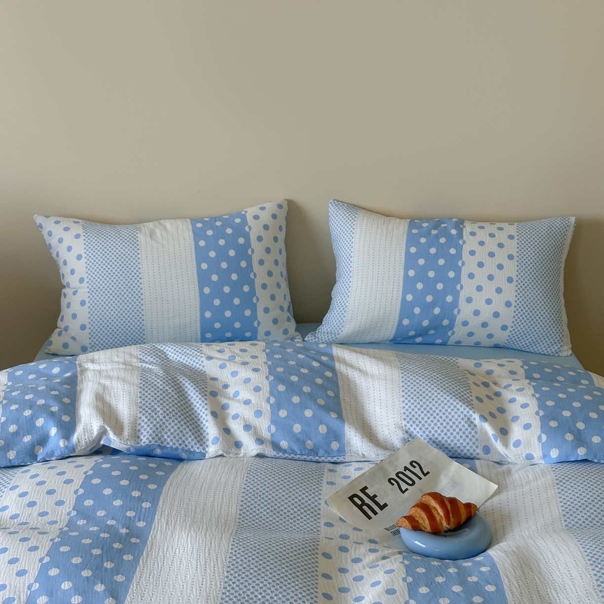 91家纺网 家纺一手货源 找家纺 山舍家居 2026新款全棉A类双层纱四件套元气波点【会员➖20元 含包装价格】 元气波波蓝