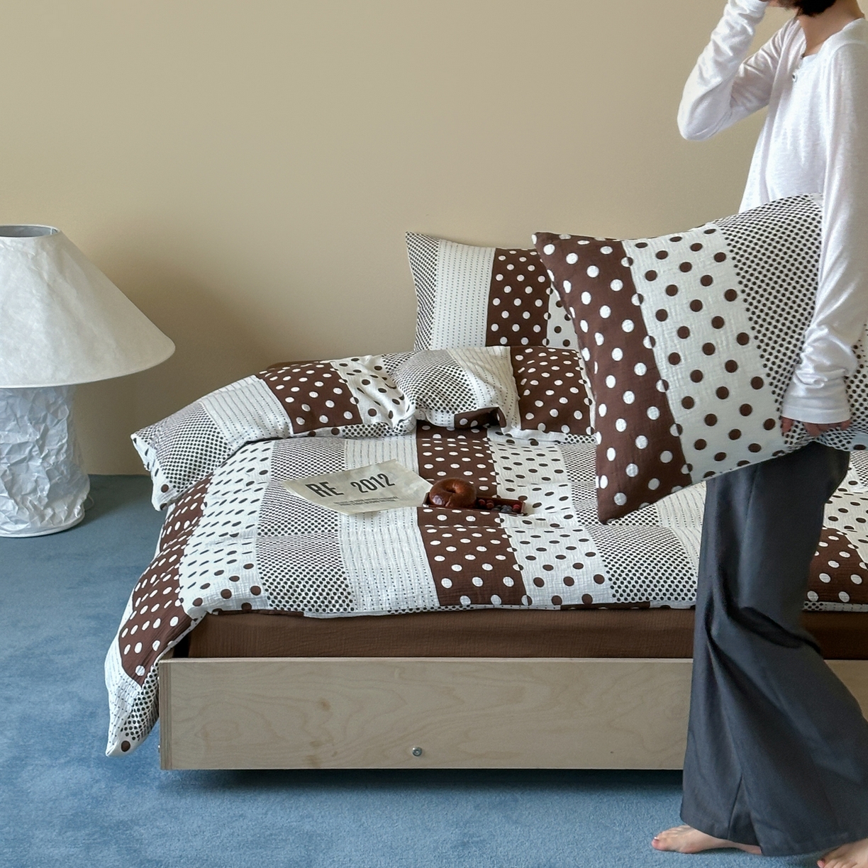 91家纺网 家纺一手货源 找家纺 山舍家居 2026新款全棉A类双层纱四件套元气波点【会员➖20元 含包装价格】 元气波波-咖