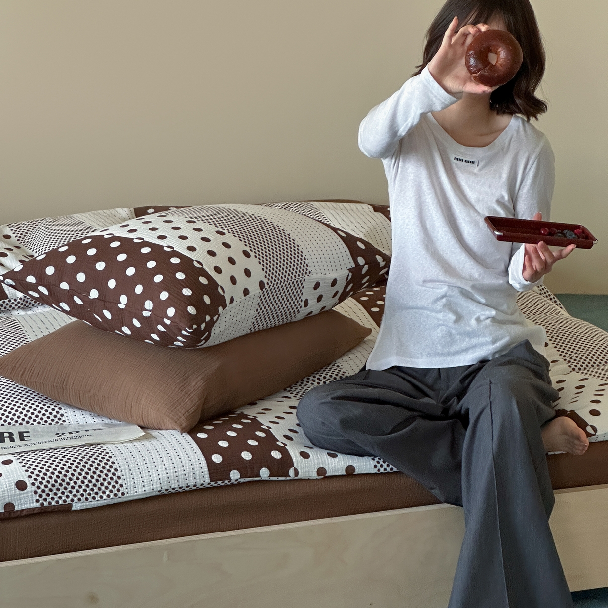 91家纺网 家纺一手货源 找家纺 山舍家居 2026新款全棉A类双层纱四件套元气波点【会员➖20元 含包装价格】 元气波波-咖