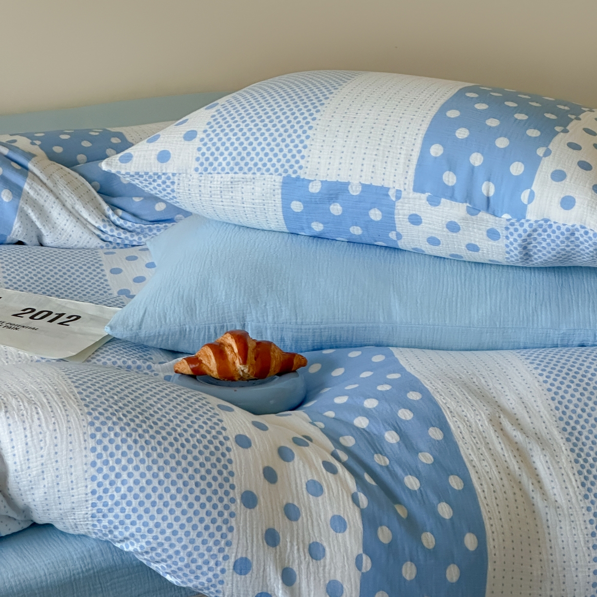 91家纺网 家纺一手货源 找家纺 山舍家居 2026新款全棉A类双层纱四件套元气波点【会员➖20元 含包装价格】 元气波波蓝