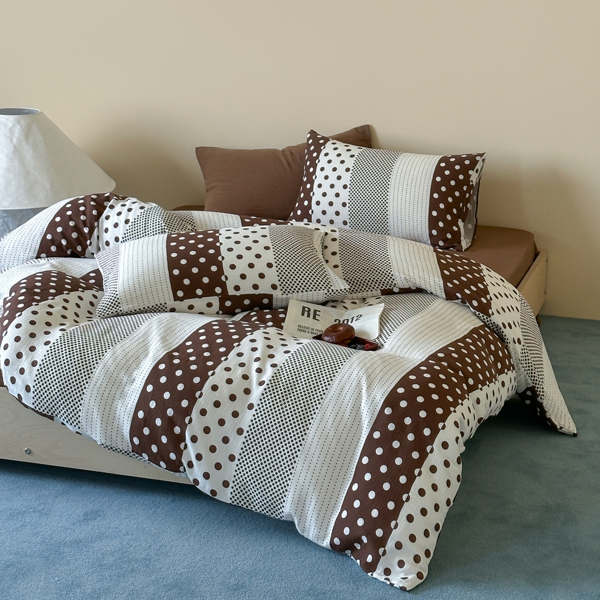 91家纺网 家纺一手货源 找家纺 山舍家居 2026新款全棉A类双层纱四件套元气波点【会员➖20元 含包装价格】 元气波波-咖