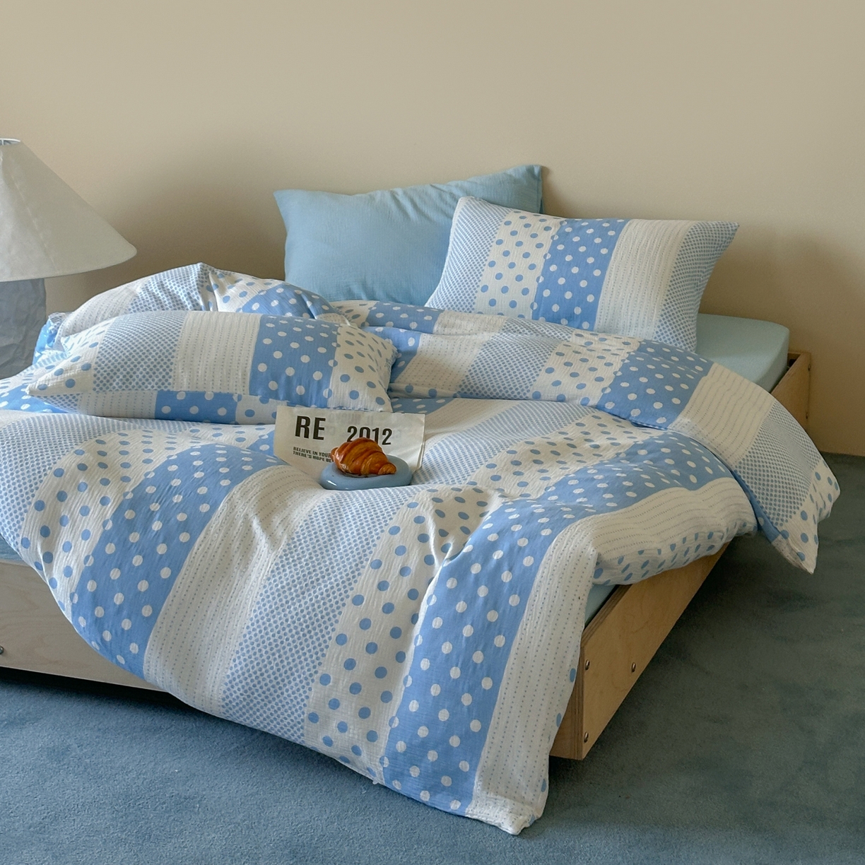 91家纺网 家纺一手货源 找家纺 山舍家居 2026新款全棉A类双层纱四件套元气波点【会员➖20元 含包装价格】 元气波波蓝