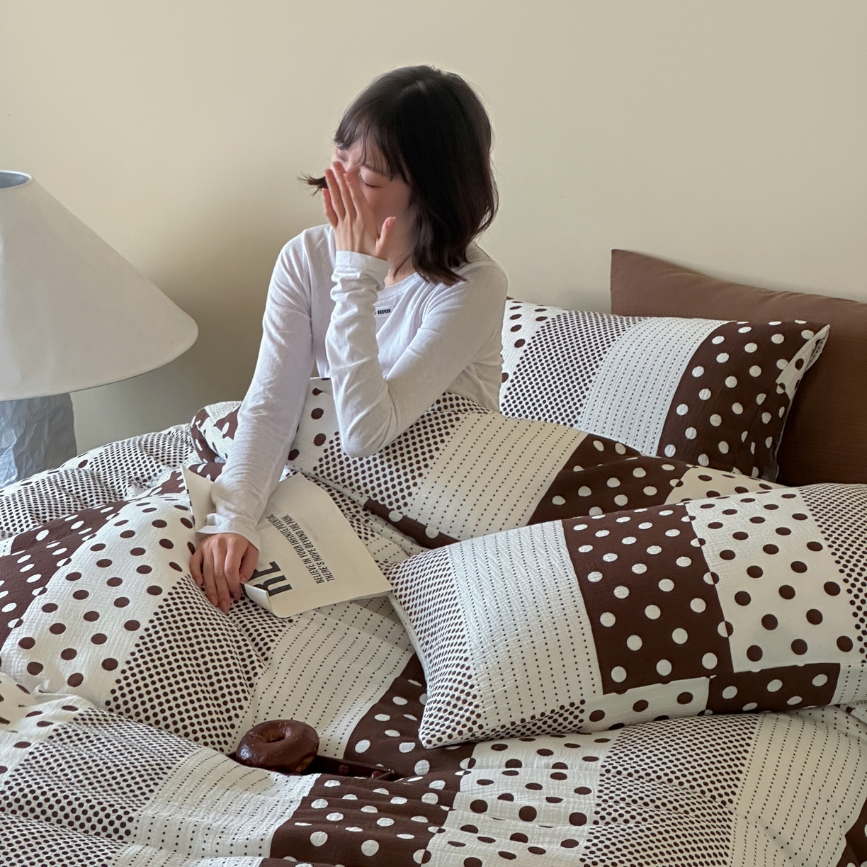 91家纺网 家纺一手货源 找家纺 山舍家居 2026新款全棉A类双层纱四件套元气波点【会员➖20元 含包装价格】 元气波波-咖