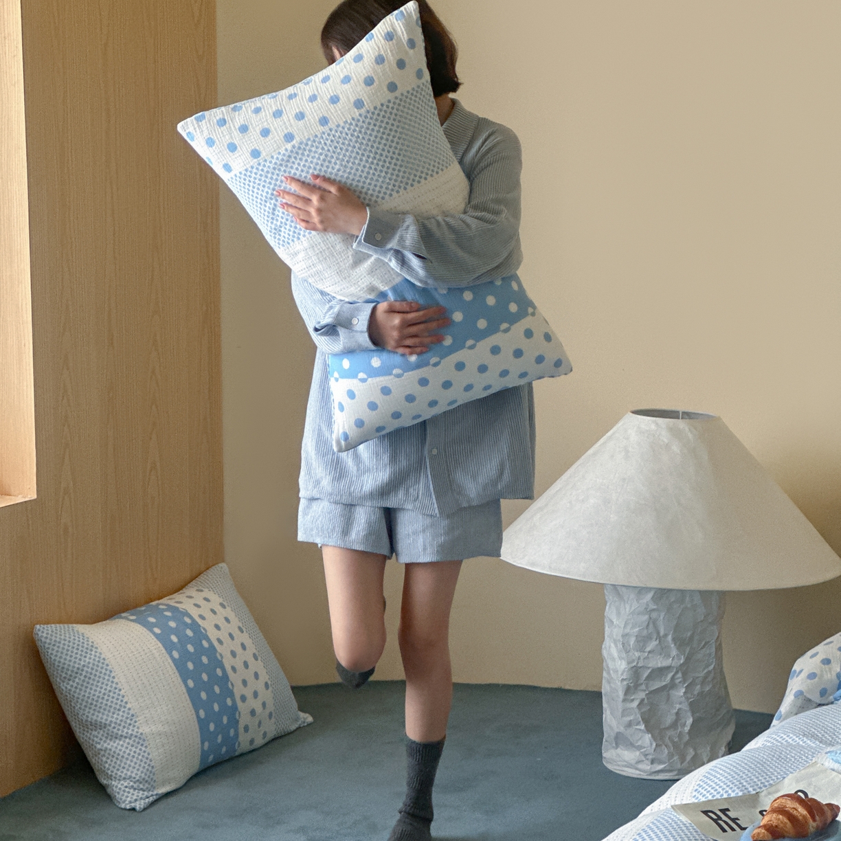 91家纺网 家纺一手货源 找家纺 山舍家居 2026新款全棉A类双层纱四件套元气波点【会员➖20元 含包装价格】 元气波波蓝