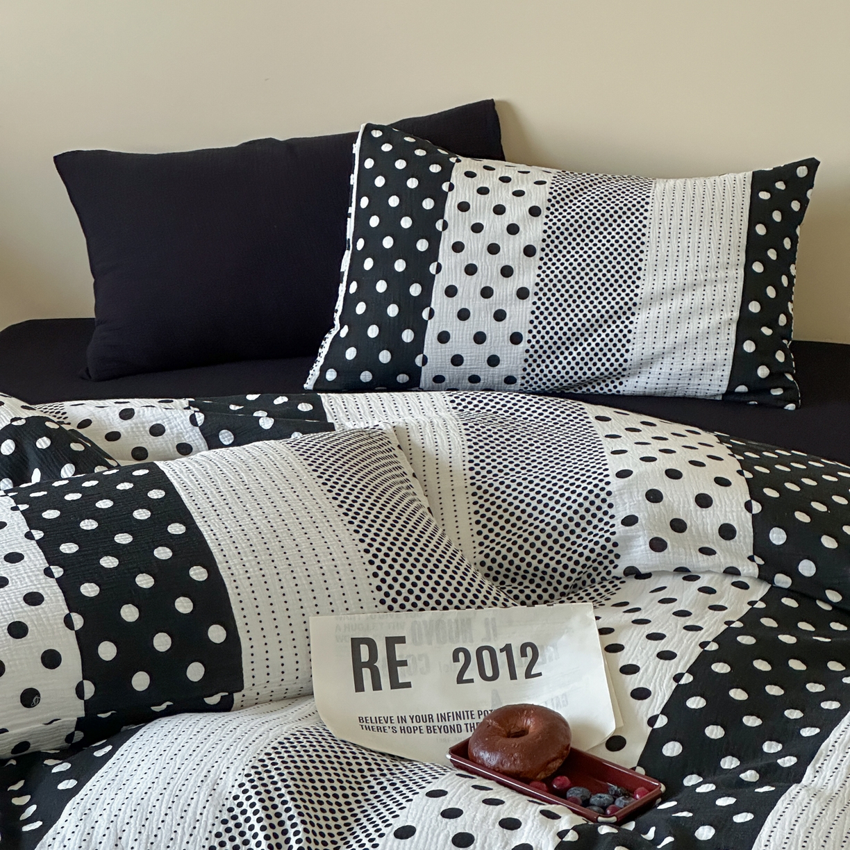 山舍家居 2026新款全棉A类双层纱四件套元气波点【会员➖20元 含包装价格】 元气波波-黑