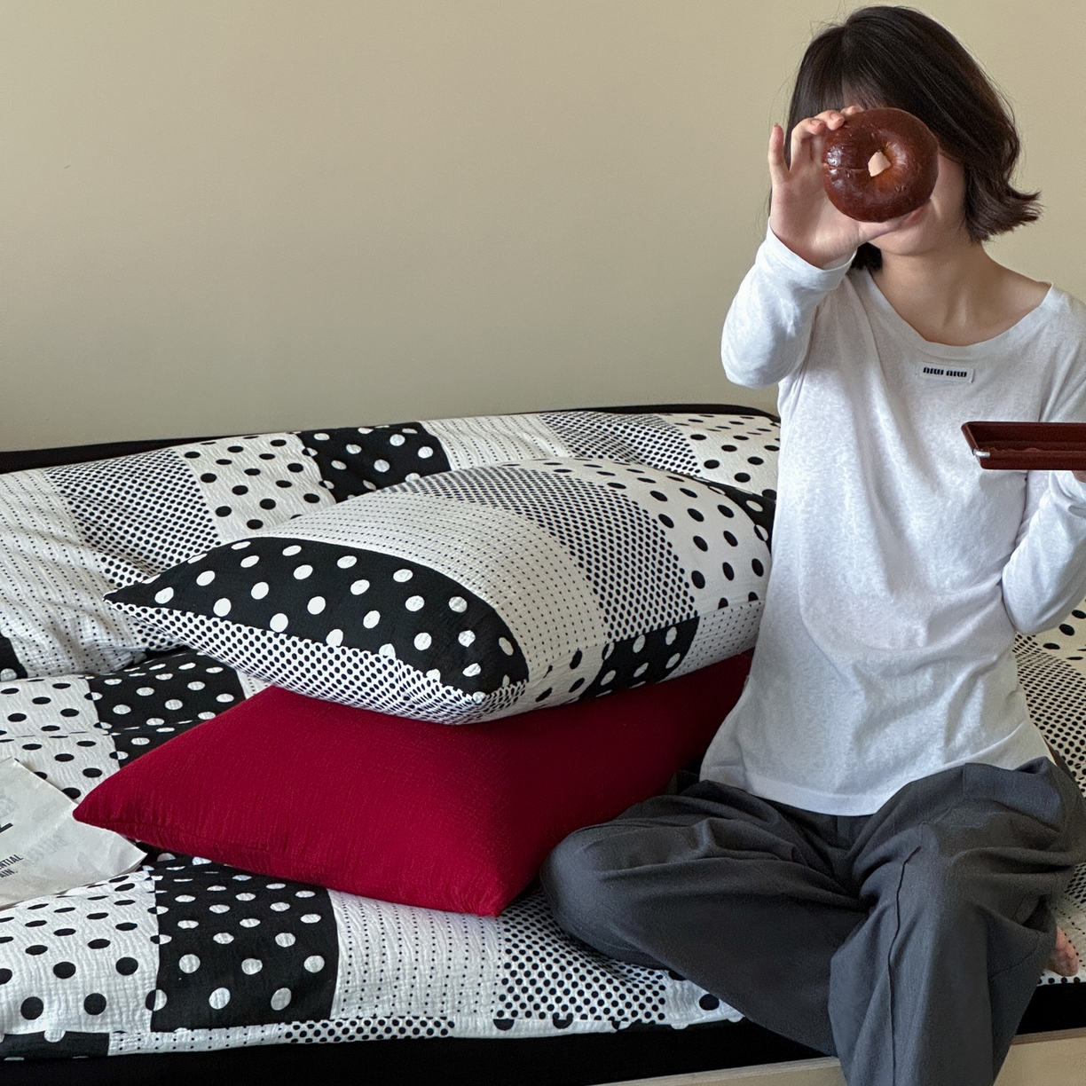 91家纺网 家纺一手货源 找家纺 山舍家居 2026新款全棉A类双层纱四件套元气波点【会员➖20元 含包装价格】 元气波波-黑