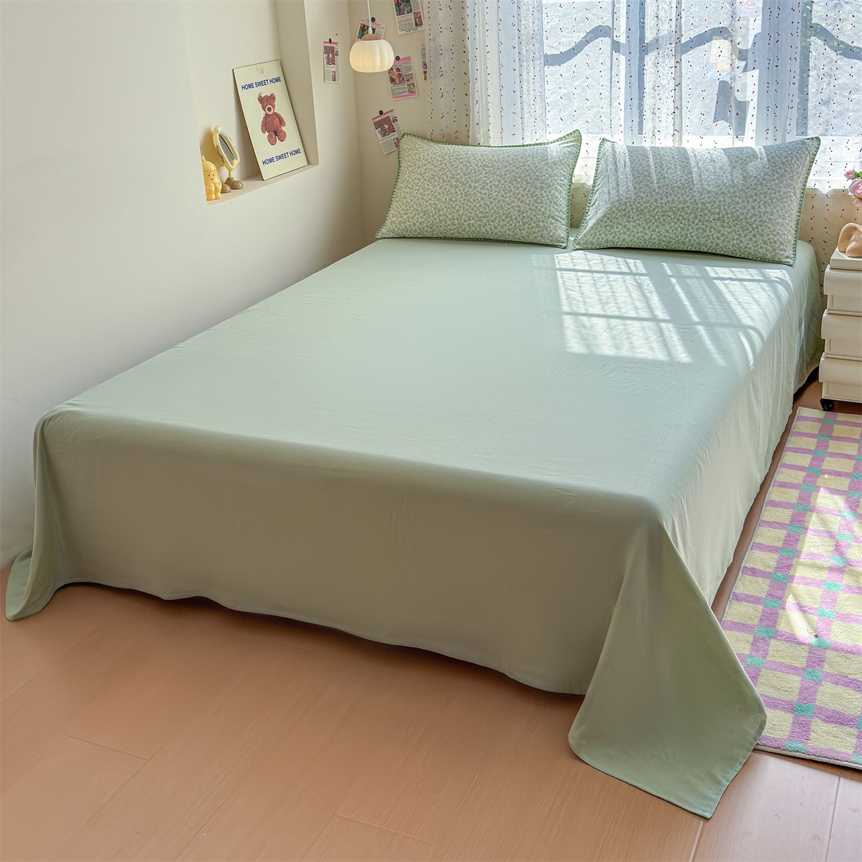 91家纺网 家纺一手货源 找家纺 被窝家纺 2026春夏新款贝壳边全棉双层纱大豆夏凉被空调被夏被四件套 绿玫瑰