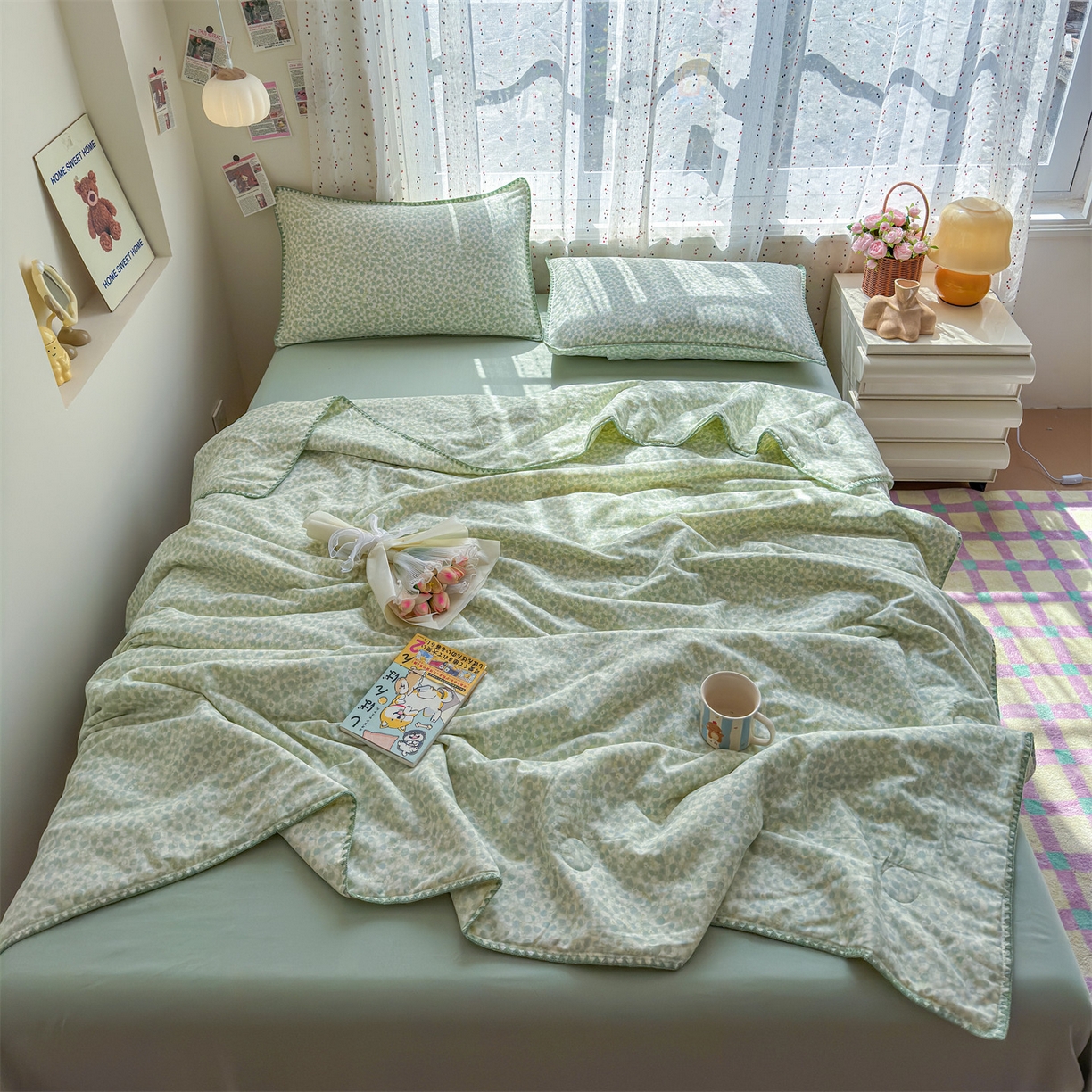 91家纺网 家纺一手货源 找家纺 被窝家纺 2026春夏新款贝壳边全棉双层纱大豆夏凉被空调被夏被四件套 绿玫瑰