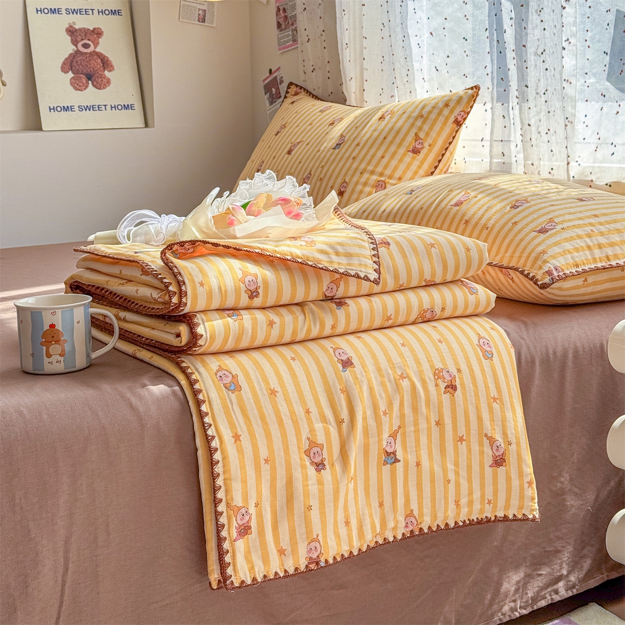 被窝家纺 2026春夏新款贝壳边全棉双层纱大豆夏凉被空调被夏被四件套 萌星