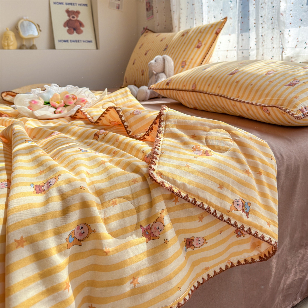 91家纺网 家纺一手货源 找家纺 被窝家纺 2026春夏新款贝壳边全棉双层纱大豆夏凉被空调被夏被四件套 萌星