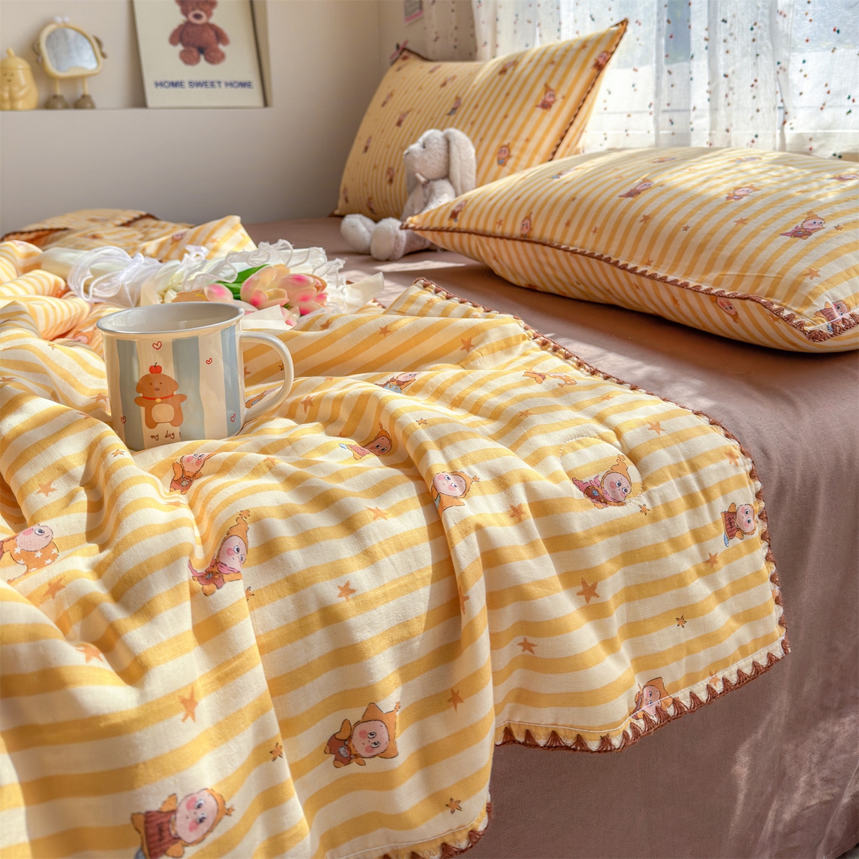 91家纺网 家纺一手货源 找家纺 被窝家纺 2026春夏新款贝壳边全棉双层纱大豆夏凉被空调被夏被四件套 萌星