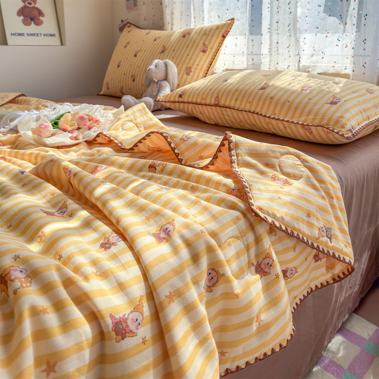 91家纺网 家纺一手货源 找家纺 被窝家纺 2026春夏新款贝壳边全棉双层纱大豆夏凉被空调被夏被四件套 萌星