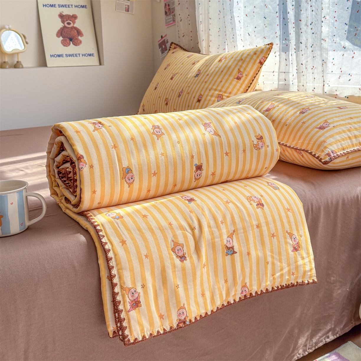 91家纺网 家纺一手货源 找家纺 被窝家纺 2026春夏新款贝壳边全棉双层纱大豆夏凉被空调被夏被四件套 萌星