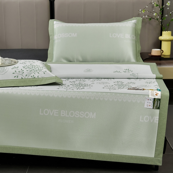 91家纺网 家纺一手货源 找家纺 小牛席业 2026新款加厚款碳光凉感印花冰丝席凉席席子 清新叶语-绿