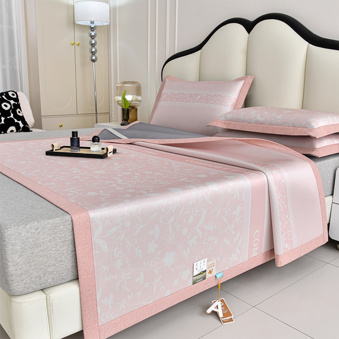 小牛席业 2026新款加厚款碳光凉感印花冰丝席凉席席子 琉璃叶语-粉色