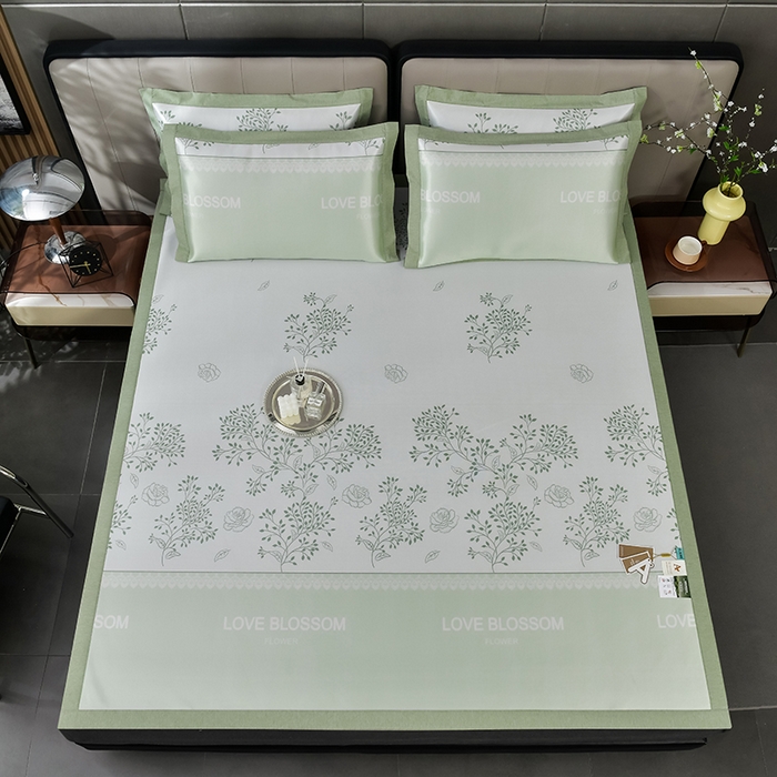 91家纺网 家纺一手货源 找家纺 小牛席业 2026新款加厚款碳光凉感印花冰丝席凉席席子 清新叶语-绿