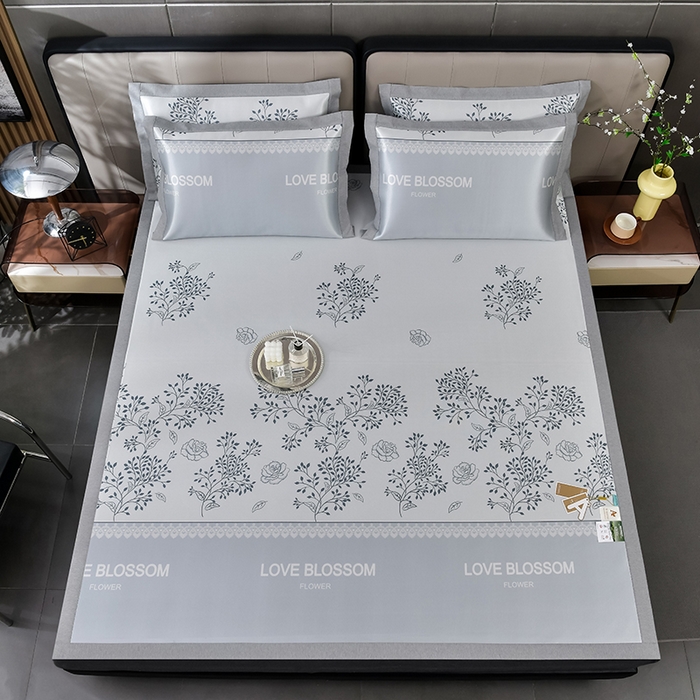 91家纺网 家纺一手货源 找家纺 小牛席业 2026新款加厚款碳光凉感印花冰丝席凉席席子 清新叶语-灰