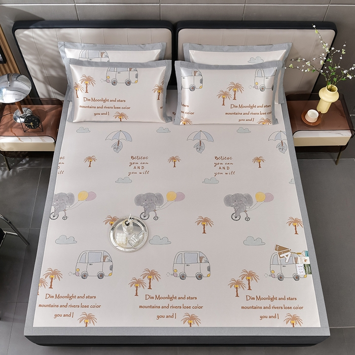 91家纺网 家纺一手货源 找家纺 小牛席业 2026新款加厚款碳光凉感印花冰丝席凉席席子 椰树大象