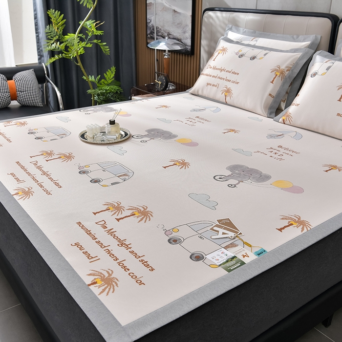 91家纺网 家纺一手货源 找家纺 小牛席业 2026新款加厚款碳光凉感印花冰丝席凉席席子 椰树大象